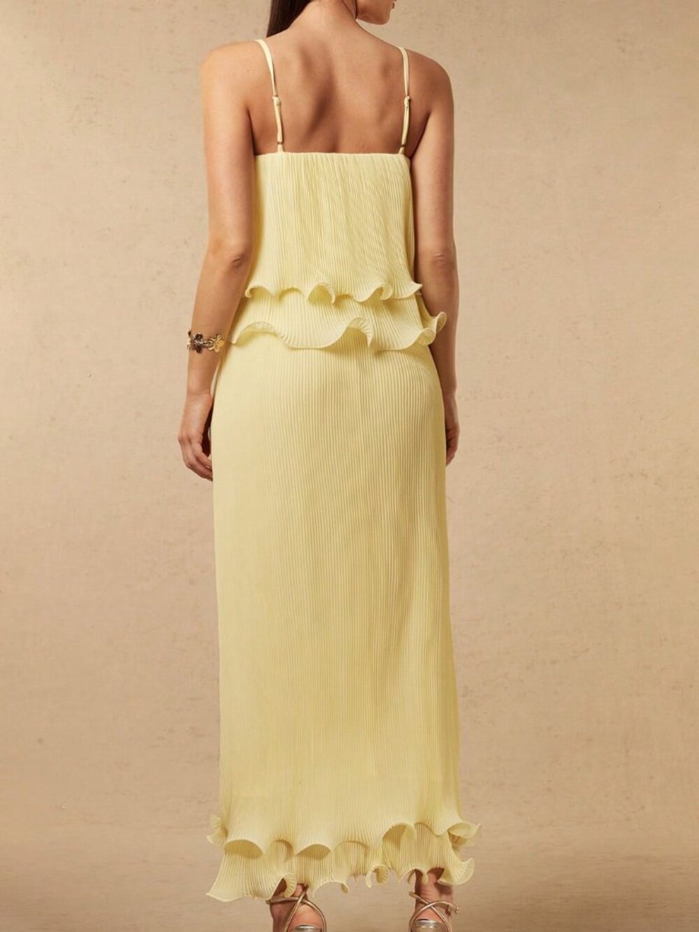 Yellow Elegant Women's Garden Party Slip pleated maxi Dress - Picture 2 of 6